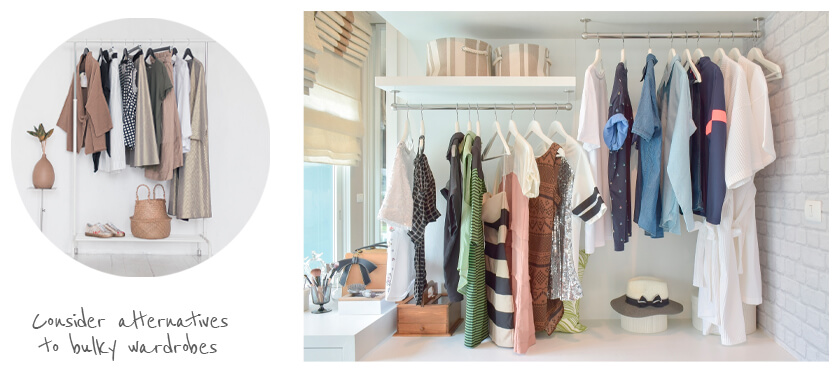 Two images of clothing racks containing hanging clothes